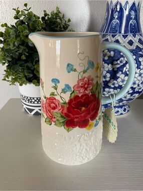 The Pioneer Woman Floral Ceramic Pitcher in Cream, Red, Blue